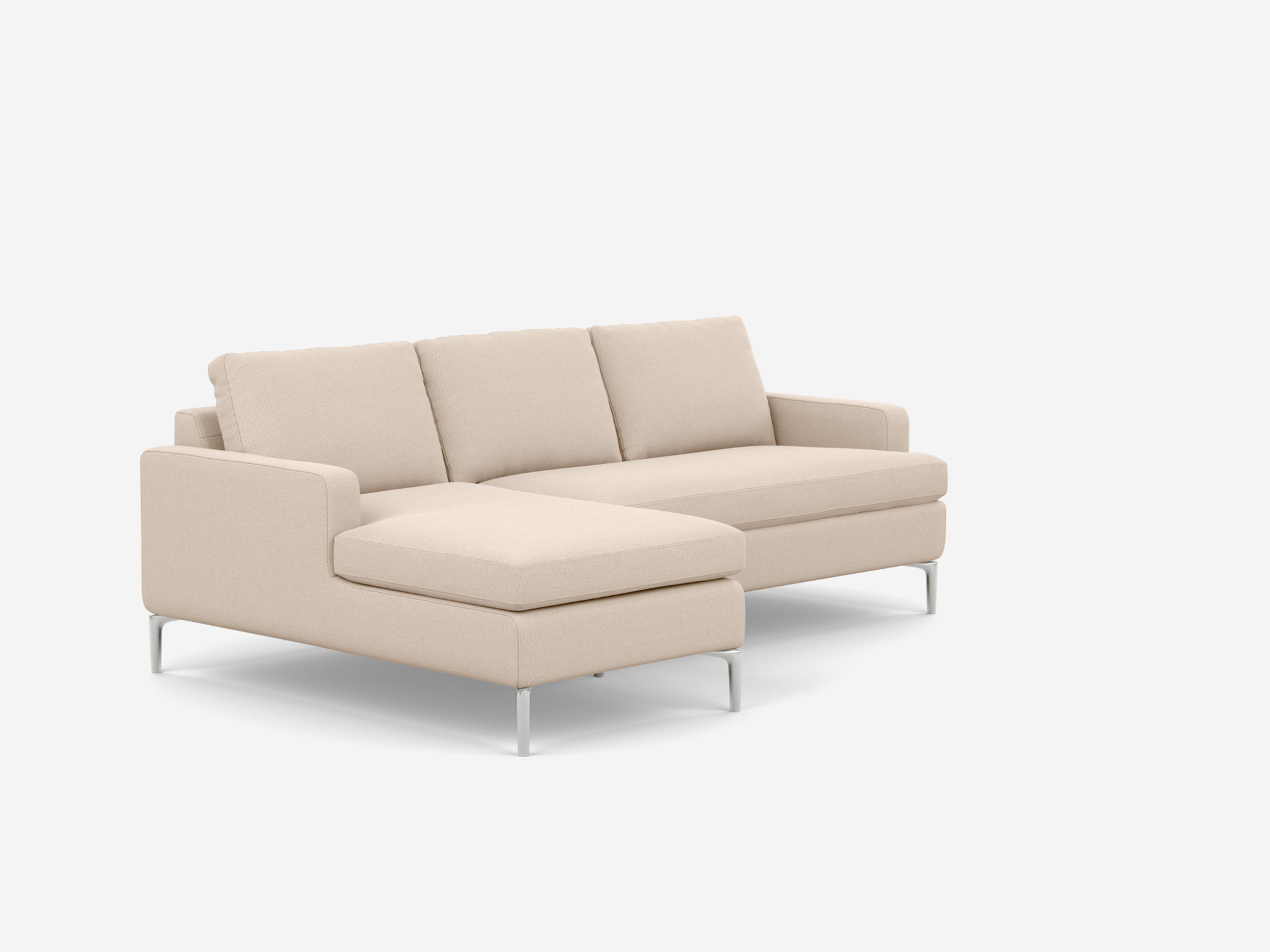 Angle view of the Eve mid century sectional in white fabric with left chaise